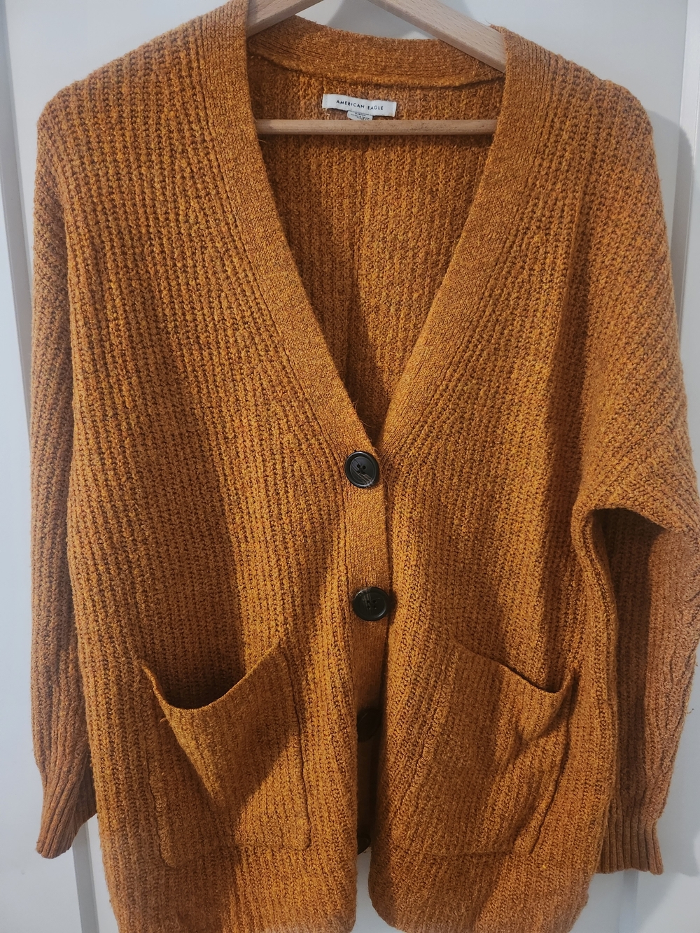 American Eagle Outfitters Women's Mustard Ribbed Button Cardigan Sweater